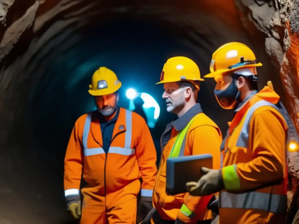 Innovación seguridad equipos minería: Mineros en túnel subterráneo con trajes naranjas, cascos y lámparas, enfrentando ambientes desafiantes