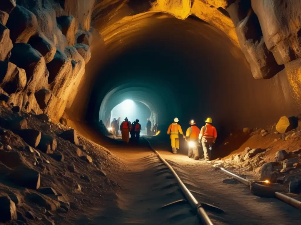 Prevención de silicosis en minas: Mineros trabajando en un túnel de mina subterránea, con equipo de protección y condiciones peligrosas