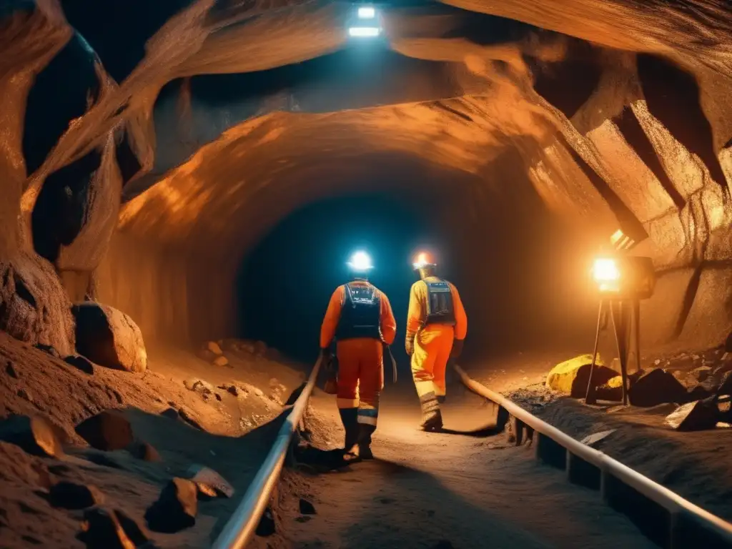 Mineros en túnel oscuro, trabajando con maquinaria pesada y evaluando minerales