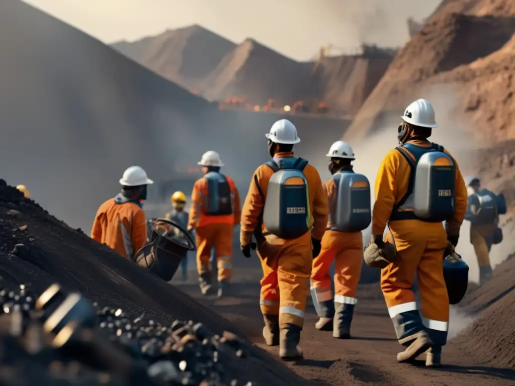 Innovaciones en equipos de protección minera: Mineros con avanzados cascos y máscaras respiratorias en una mina