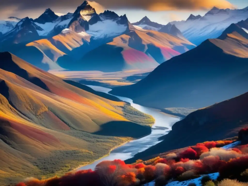 Paisaje remoto y virgen con montañas imponentes, río sereno y cielo colorido