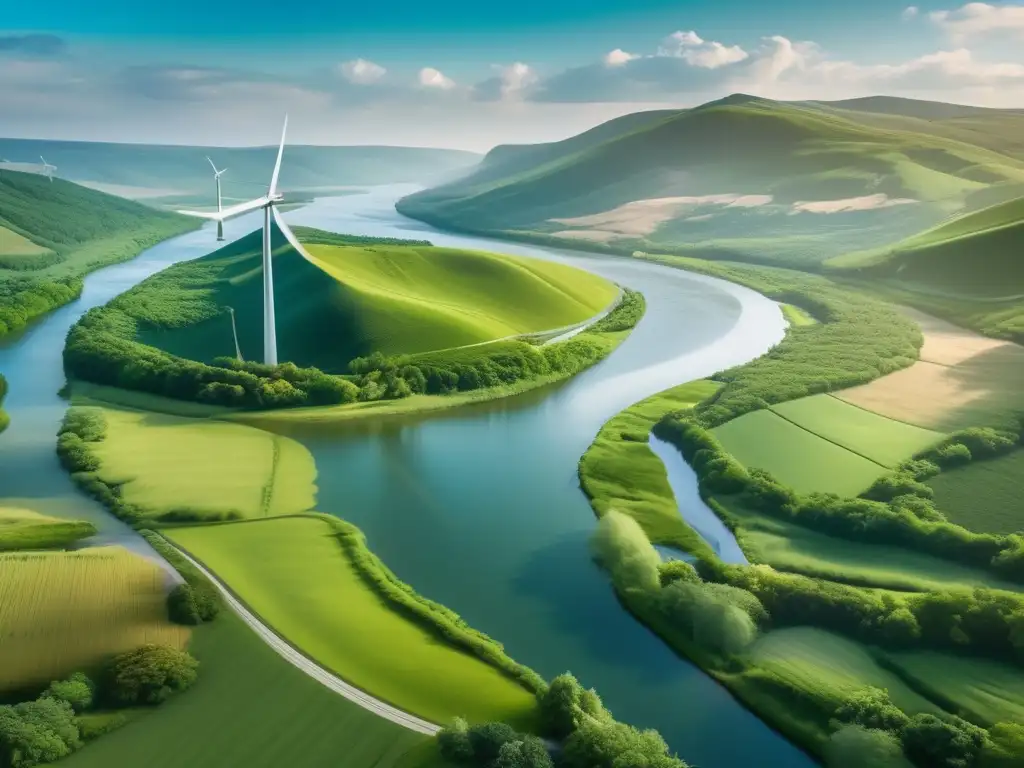 Paisaje verde con río cristalino y turbinas eólicas, importancia de minerales en economía verde