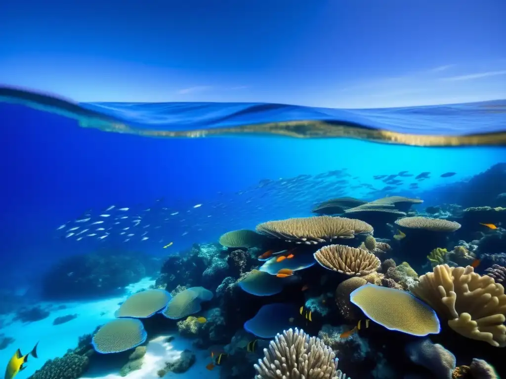 Maravillosa imagen del océano azul profundo, con vida marina diversa y un arrecife de coral vibrante