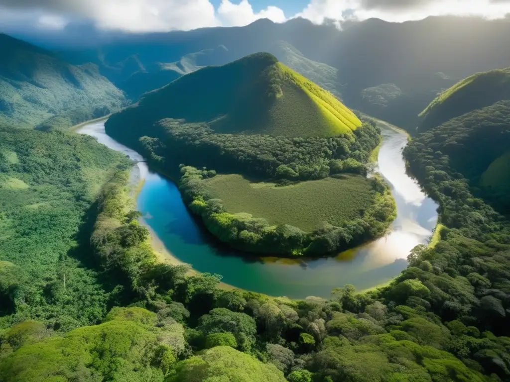 Impacto ambiental minería en Ecuador: vista panorámica de la exuberante selva biodiversa con río cristalino, aves exóticas y llamativos colores