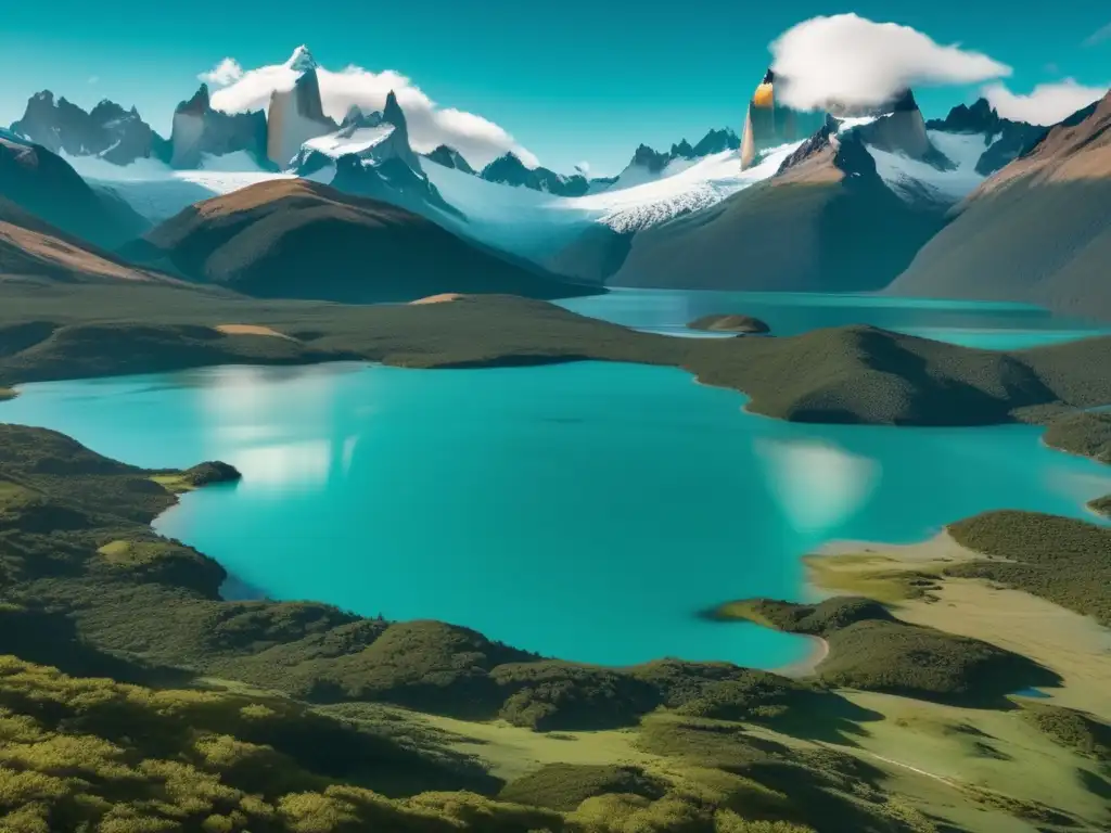 Impacto ambiental de la minería en la Patagonia: paisaje natural de la región con lago turquesa, montañas nevadas, bosque otoñal y cielo nublado