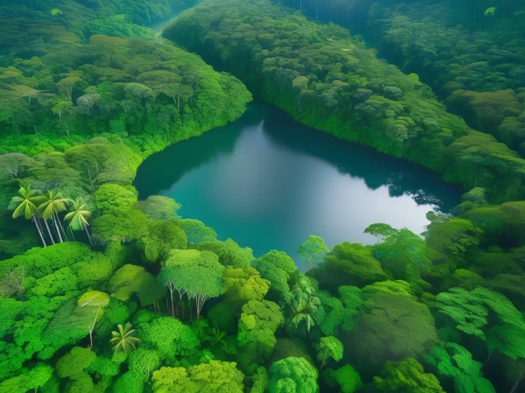 Vista aérea impresionante de una exuberante selva virgen, con río cristalino y aves exóticas