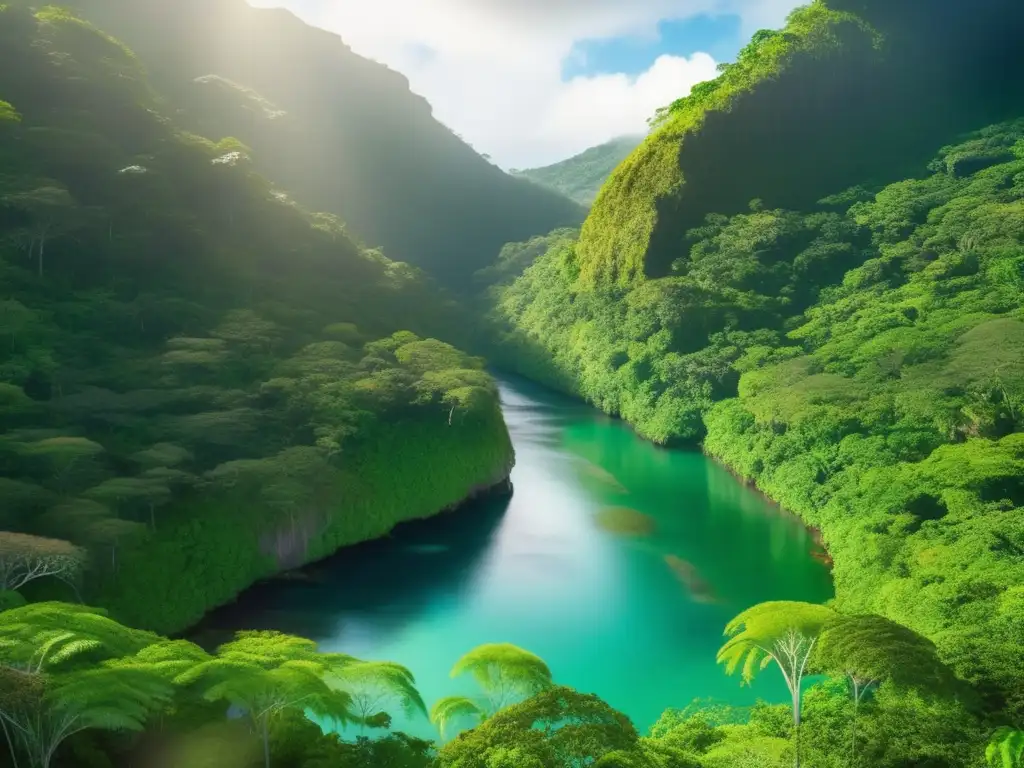 Impacto ambiental minería en Puerto Rico: Vista panorámica de una exuberante selva tropical con río cristalino y biodiversidad