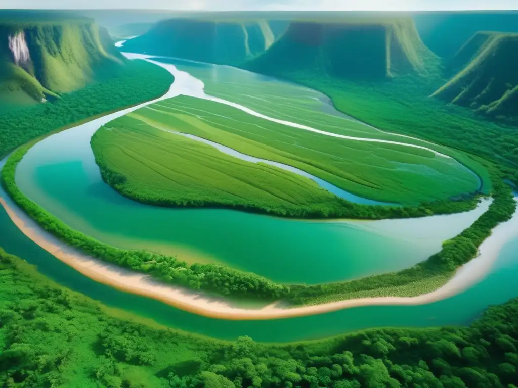 Paisaje verde con río cristalino, vida silvestre diversa y comunidad local dialogando con profesionales mineros