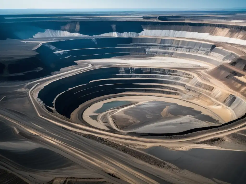 Impacto ambiental de la minería: mina a cielo abierto, camiones enormes y paisaje devastado