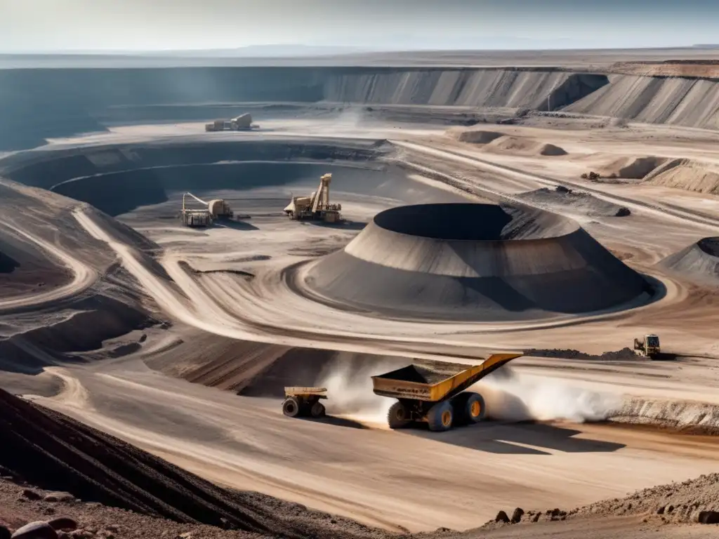 Impacto ambiental minería a gran escala: devastadora imagen de mina a cielo abierto, maquinaria masiva, paisaje desolado y contaminación