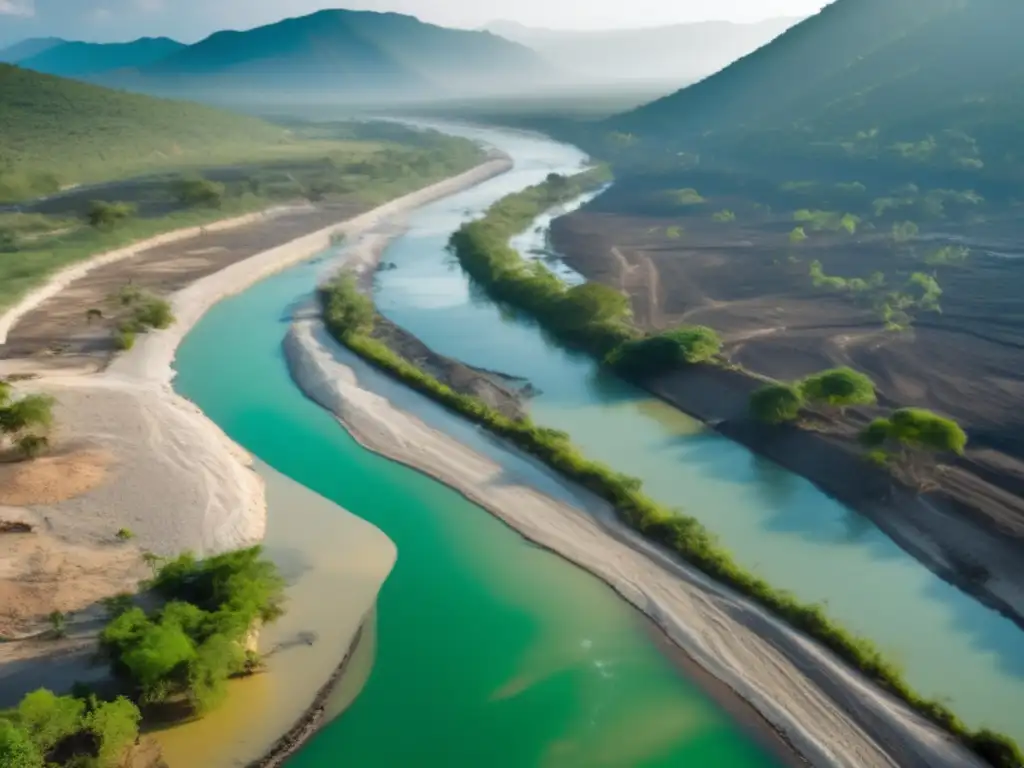 Impacto ambiental de la minería de oro en Haití: paisaje devastador, río contaminado, deforestación, minería masiva