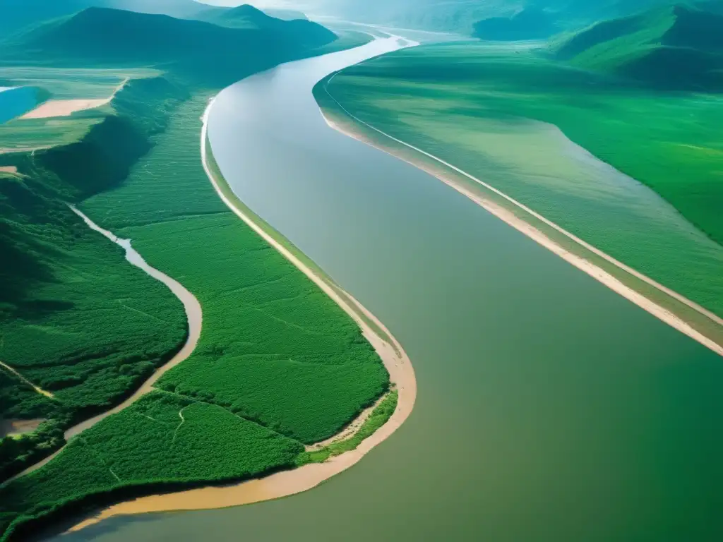 Impacto de minería en ciclo del agua, contraste entre naturaleza y actividad humana en vasto paisaje con río, vegetación y maquinaria minera