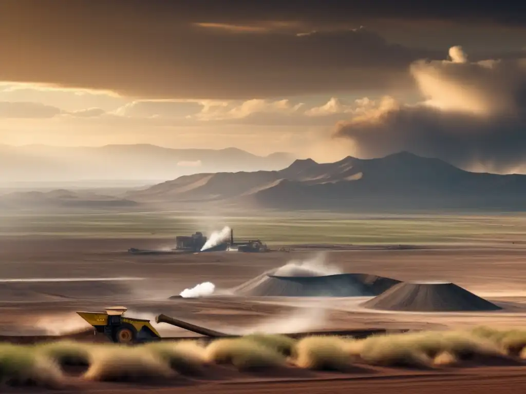 Impacto ambiental minería Pampa Argentina: Explotación minera en la Pampa, con paisaje natural y maquinaria industrial