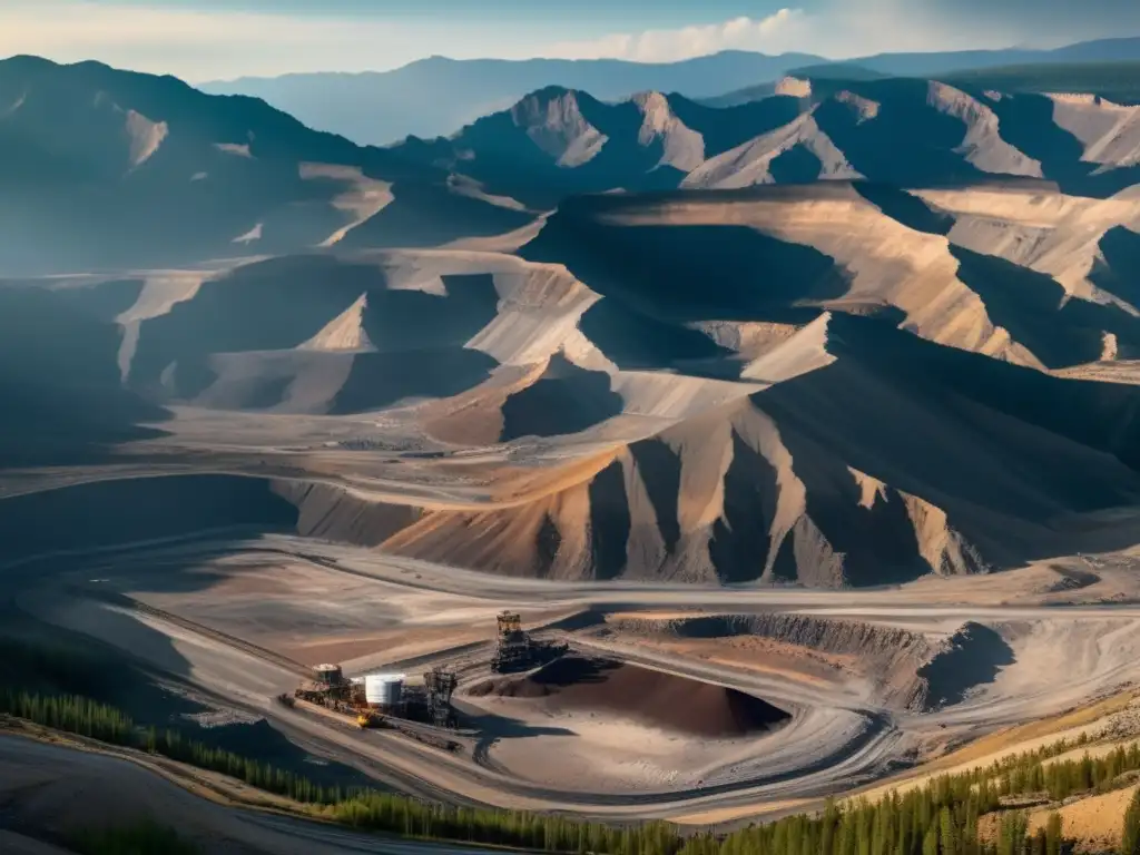 Impacto ambiental minería Montañas Rocosas: mina a cielo abierto, maquinaria gigante, río contaminado, montañas nevadas