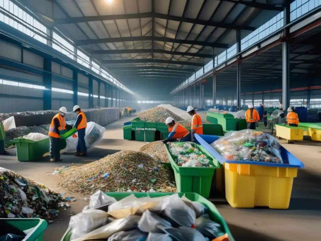 Vista panorámica de una planta de reciclaje con trabajadores ordenando materiales, destacando beneficios de la minería sostenible