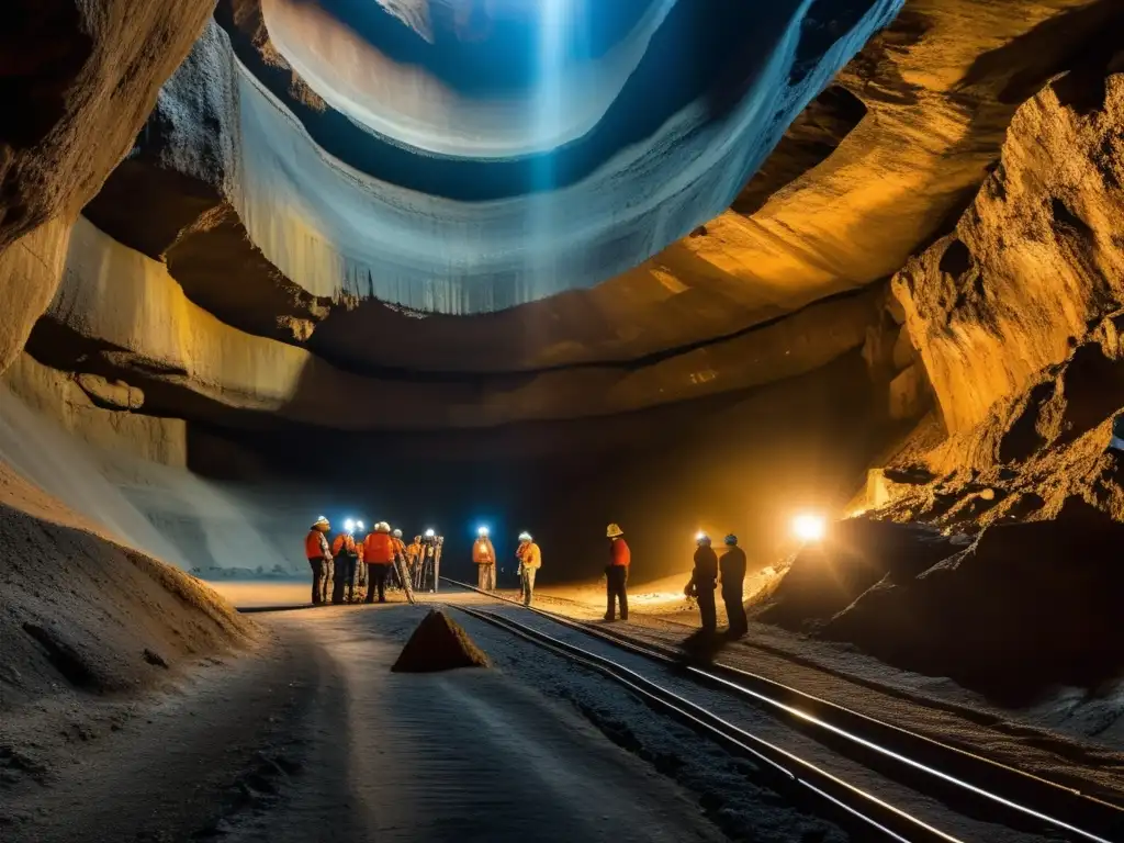 Geofísica en minería sostenible: equipo de expertos trabajando en mina subterránea con instrumentos avanzados