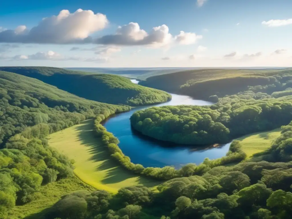 Paisaje de colinas, bosque frondoso, río cristalino y tecnología sostenible para conservación de minerales preciosos