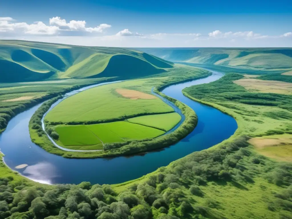 Beneficios minería sostenible: paisaje verde, río cristalino, biodiversidad y minería responsable