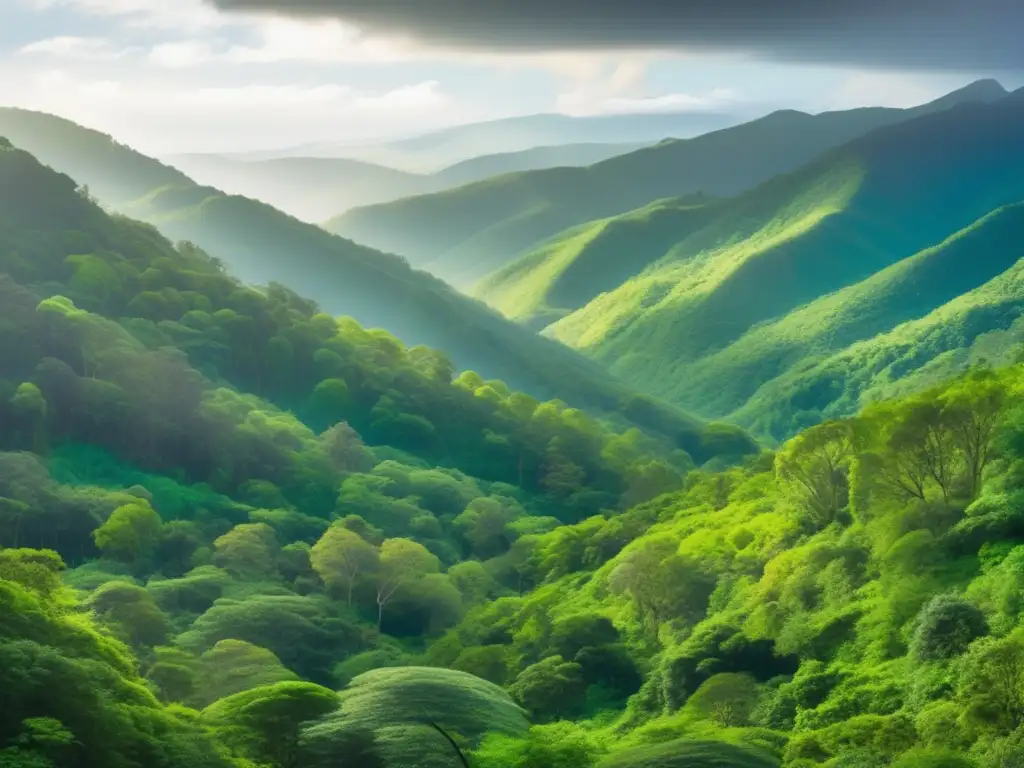 Paisaje exuberante de un bosque verde con árboles imponentes y colinas vibrantes - Minerales sostenibles para tecnología verde