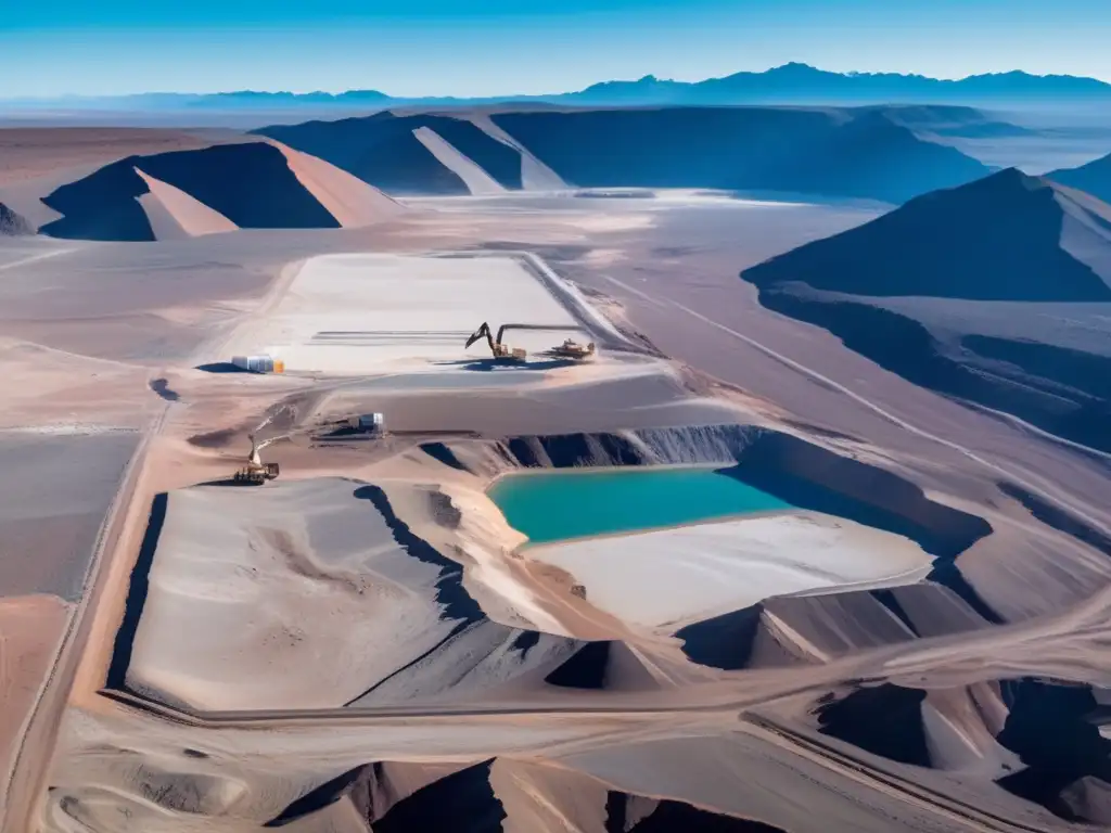 Impacto ambiental de la minería de litio en Argentina: Mina detallada con maquinaria, paisaje montañoso, prácticas sostenibles y comunidad local