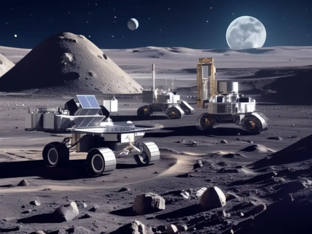 Minería sostenible en la Luna: Operación minera lunar con tecnología avanzada y astronautas supervisando el proceso