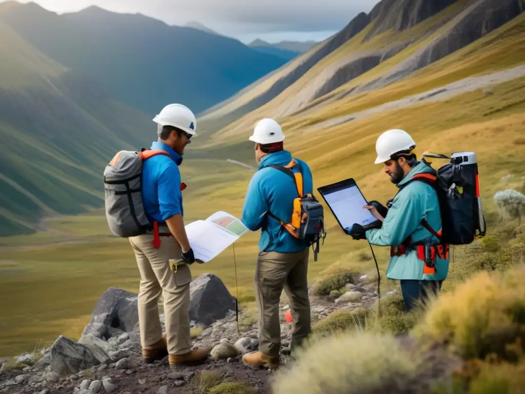 Geólogos realizando mapeo geológico sostenible en montañas remotas -