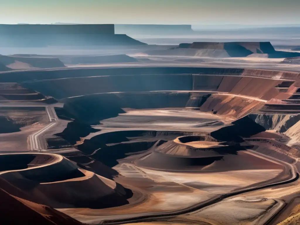 Impacto minerales raros en electrónica: mina abierta, maquinaria, paisaje, trabajadores, destrucción, recursos valiosos