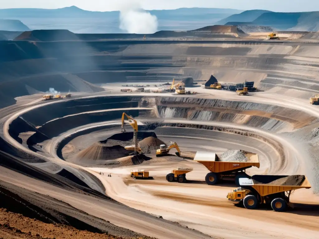 Impacto minería sostenible: maquinaria gigante, paisaje montañoso, actividad intensa, impacto económico y ambiental