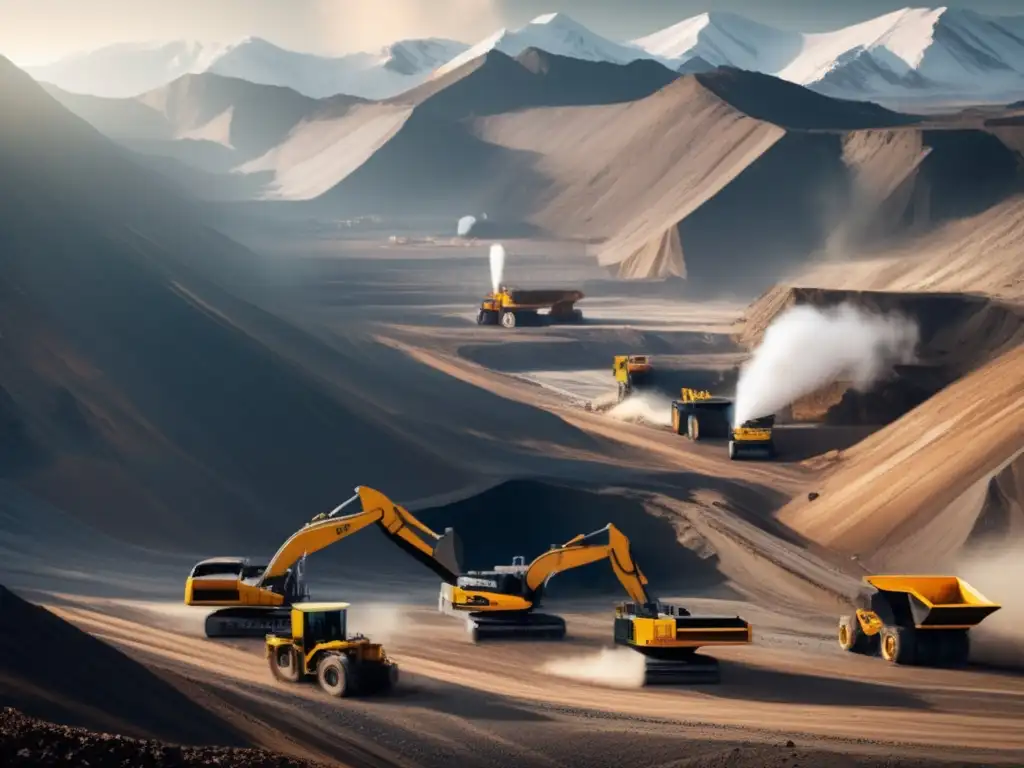 Minería sostenible ante cambio climático: Mina a gran escala con maquinaria en movimiento, trabajadores y montañas nevadas