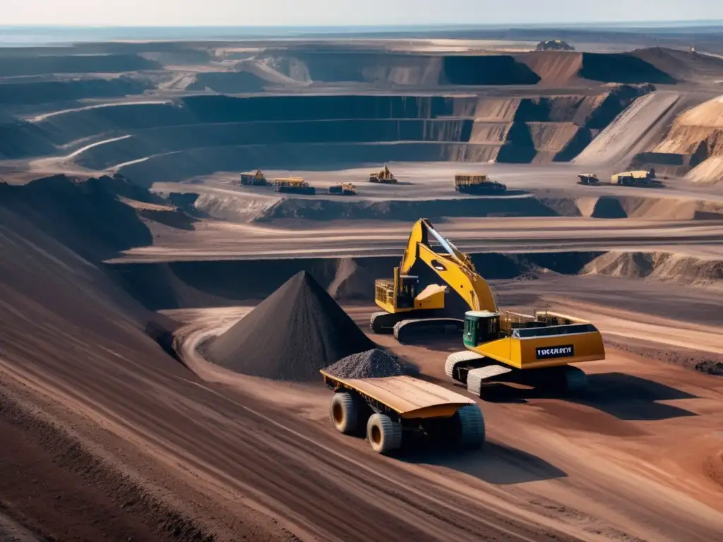 Impacto ambiental de la minería sostenible: Mina a cielo abierto, maquinaria gigante, minerales extraídos y paisaje alterado