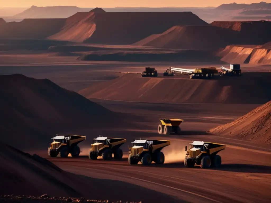Mina a cielo abierto con tecnología avanzada Beneficios de la automatización minera en una escena impresionante de mina a cielo abierto rodeada de montañas