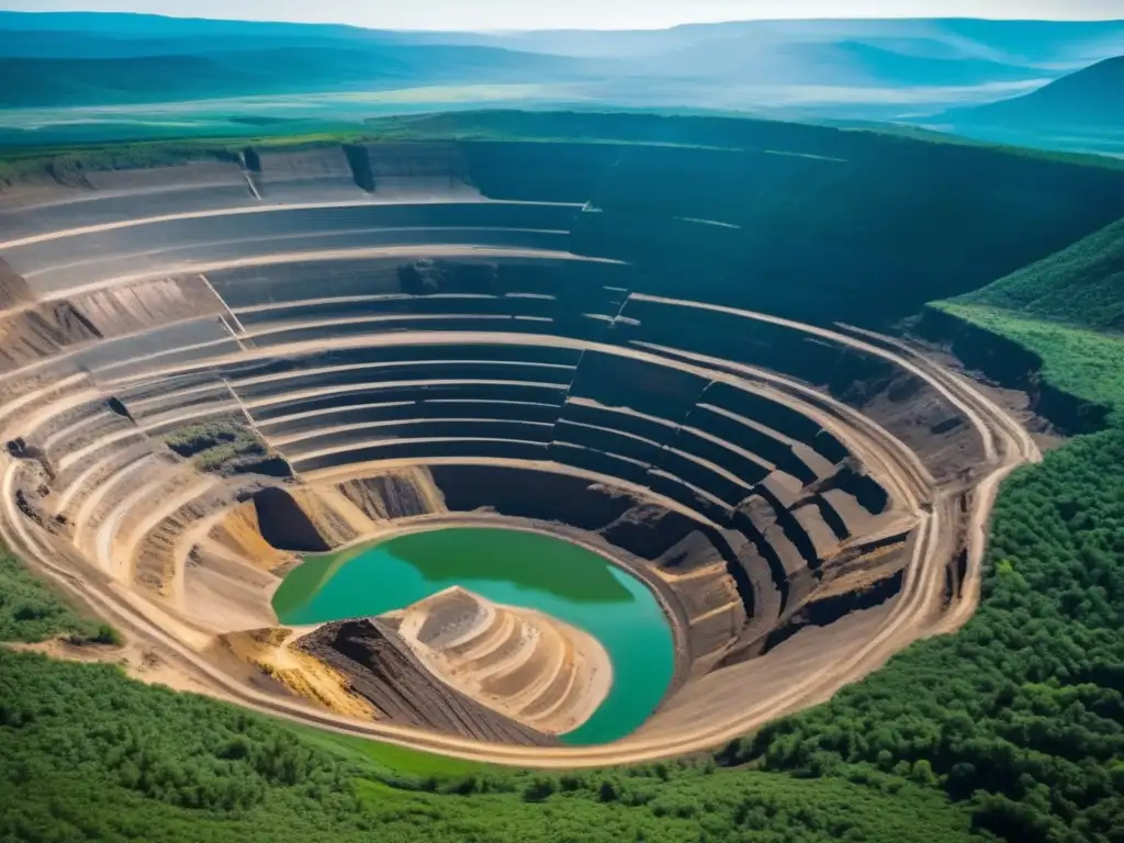 Impacto ambiental de la minería sostenible en una gran mina rodeada de bosques y montañas, con maquinaria pesada y paisajes contrastantes