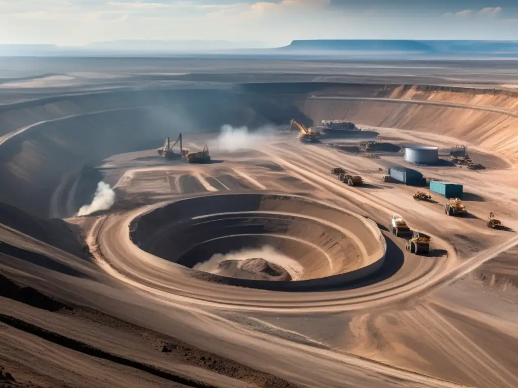 Minería sostenible ante cambio climático: impacto ambiental y desafíos en imagen de mina a cielo abierto, maquinaria y contaminación