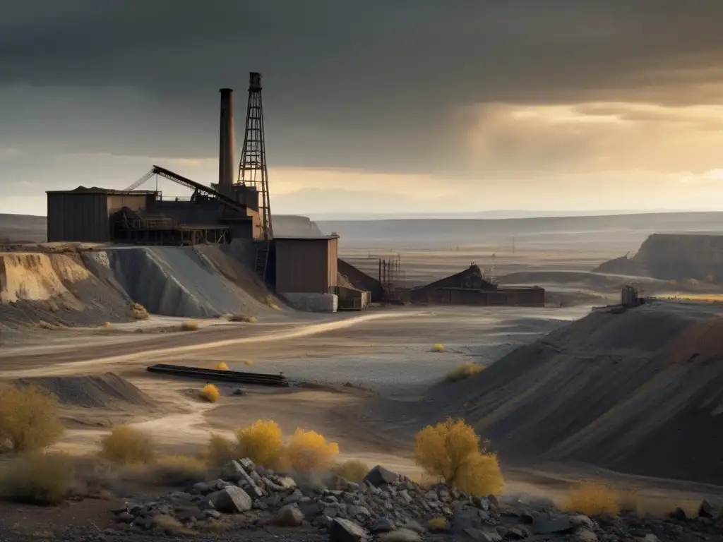 Paisaje desolado con mina abandonada y científicos analizando muestras