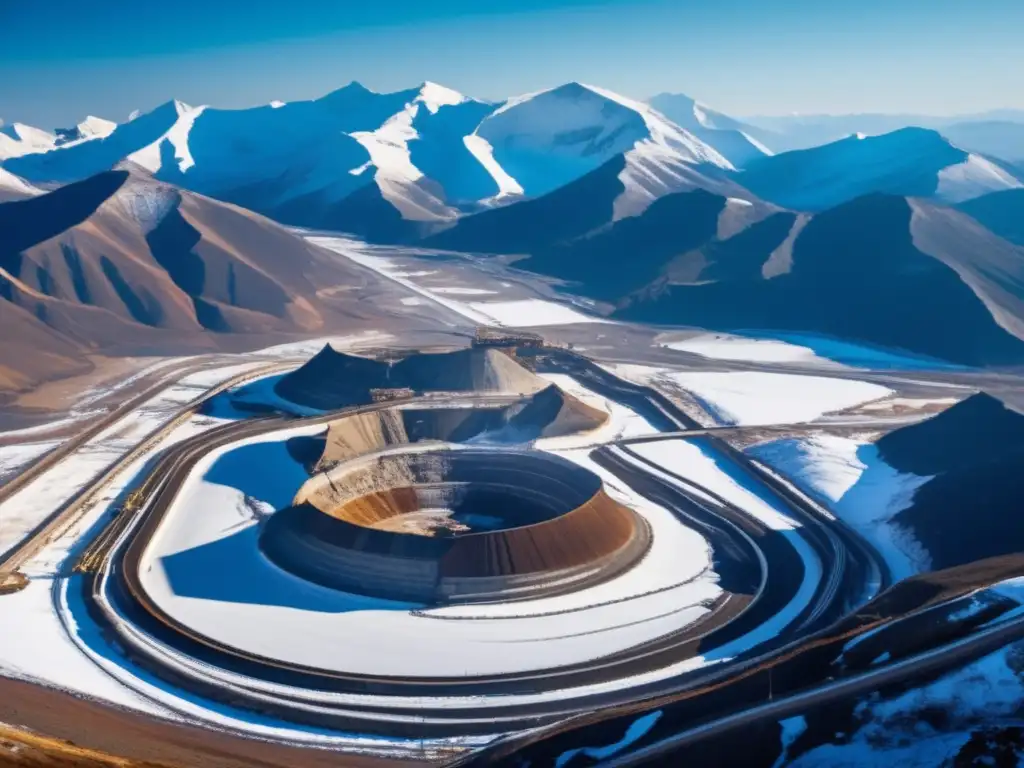 Minimizando impacto ambiental en minería: vasta mina rodeada de montañas nevadas, destaca la intervención humana en el paisaje natural