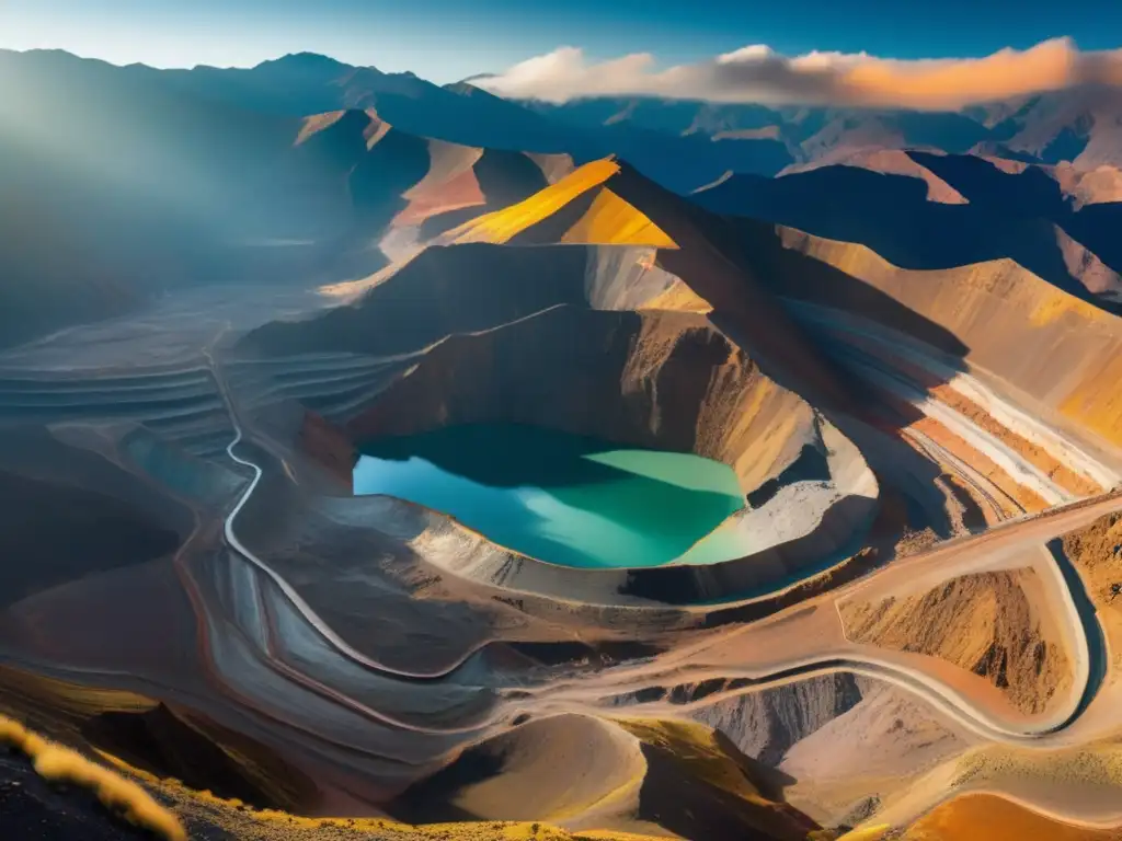 Desafíos de la minería sostenible en América: Mina a cielo abierto en los Andes, con colores vibrantes y maquinaria pesada