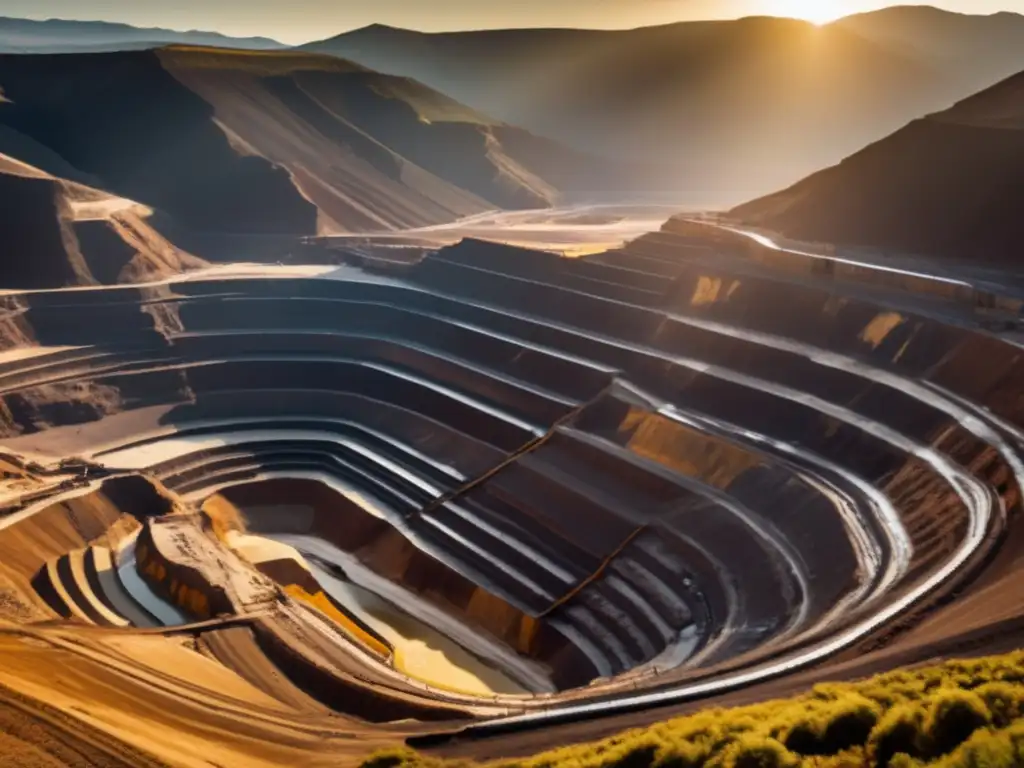 Fotografía impactante de una mina a cielo abierto rodeada de montañas, destacando la belleza natural y la minería sostenible