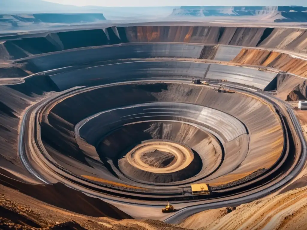 Reasentamiento sostenible en minería: Mina a cielo abierto rodeada de montañas con maquinaria pesada y trabajadores operando