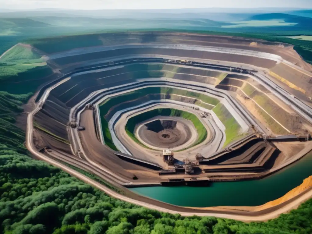 Impacto ambiental de la minería y cambio climático: Mina abierta rodeada de naturaleza, maquinaria masiva y contrastes