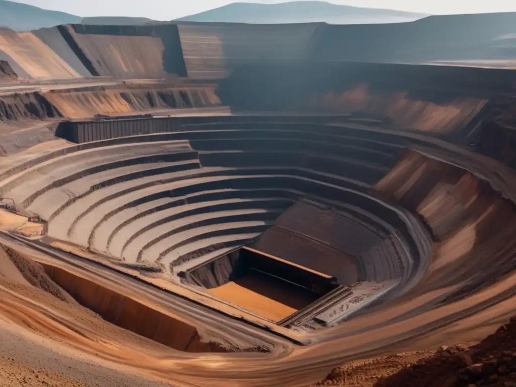 Impacto ambiental de la minería: Imagen de una mina a cielo abierto con maquinaria gigante y paisaje montañoso