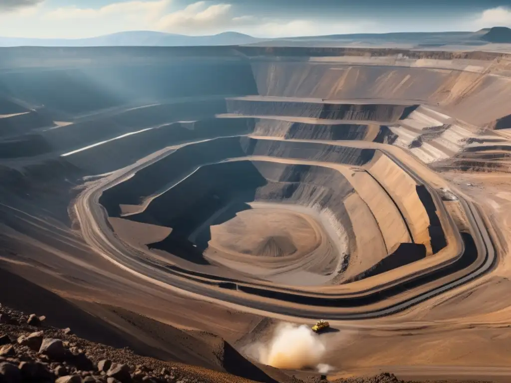 Gestión sostenible de recursos mineros: Imagen impactante de mina a cielo abierto con maquinaria, trabajadores y paisaje montañoso