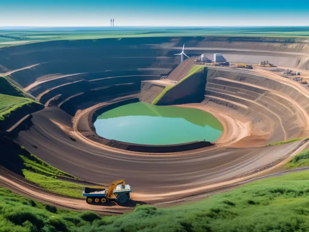 Mina a cielo abierto rodeada de naturaleza, maquinaria pesada y tecnología verde