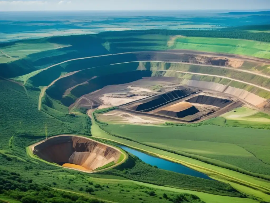 Desafíos de la minería sostenible: imagen de una mina a cielo abierto rodeada de paisajes verdes