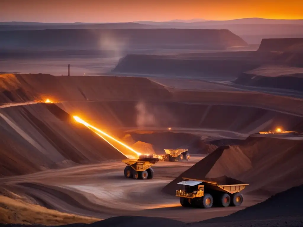 Habilidades en minería: Trabajadores diligentes en mina al atardecer, maquinaria gigante y ambiente impresionante