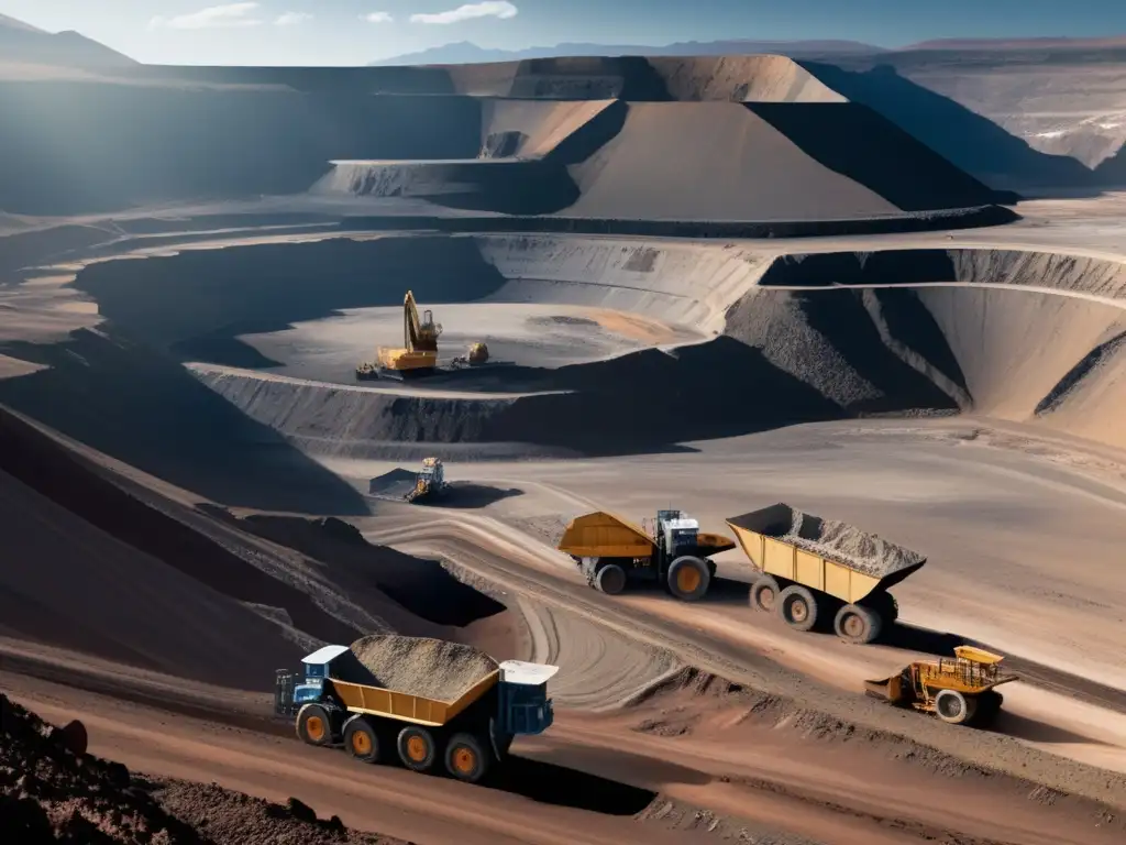 Mineria sostenible PIB Sudamérica: mina abierta en los Andes, maquinaria gigante, impacto ambiental