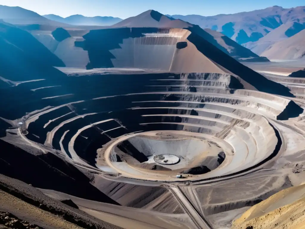 Influencia de la colonización en la minería de estaño en América: una mina abierta en los Andes con maquinaria gigante y paisajes impresionantes