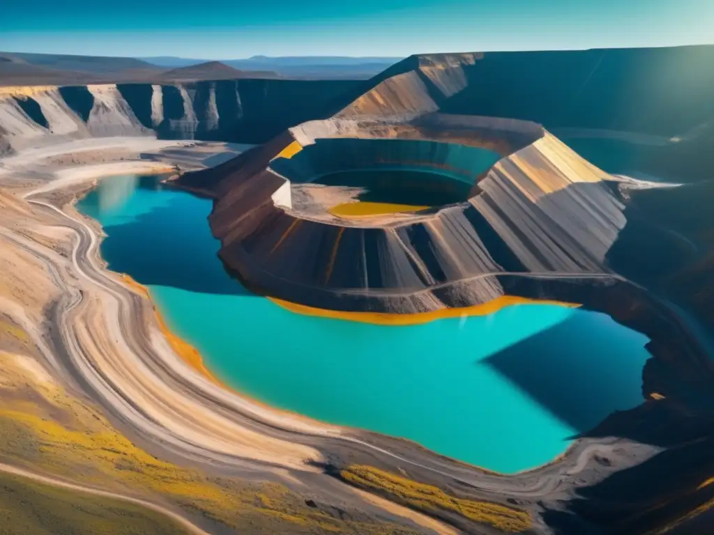 Potencial de capacitaciones en geología sostenible: Mina a cielo abierto en paisaje montañoso, equipos masivos y belleza natural