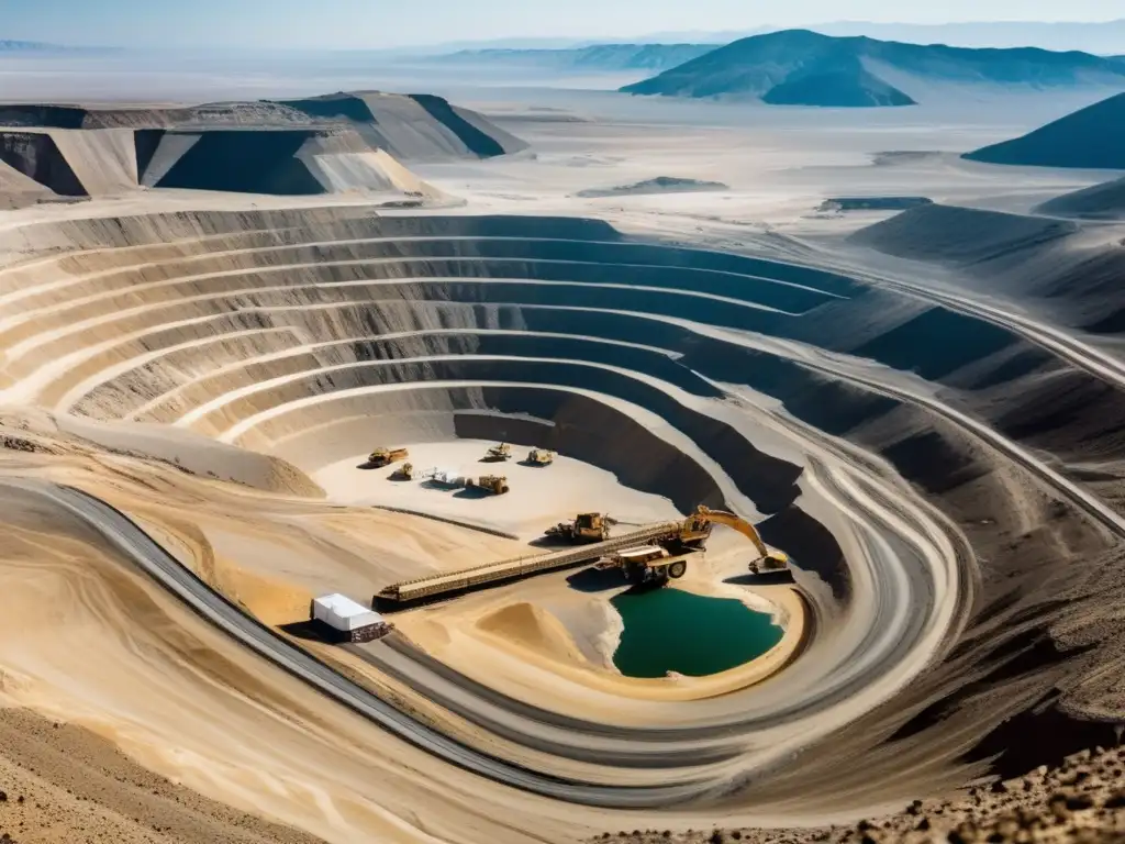 Dilema extracción oro sostenible en vasta mina de oro en el desierto, con maquinaria pesada, paisaje árido y contraste dorado