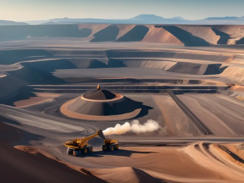 Impacto de la minería en los derechos humanos: paisaje minero con maquinaria, montañas, polución y consecuencias ambientales