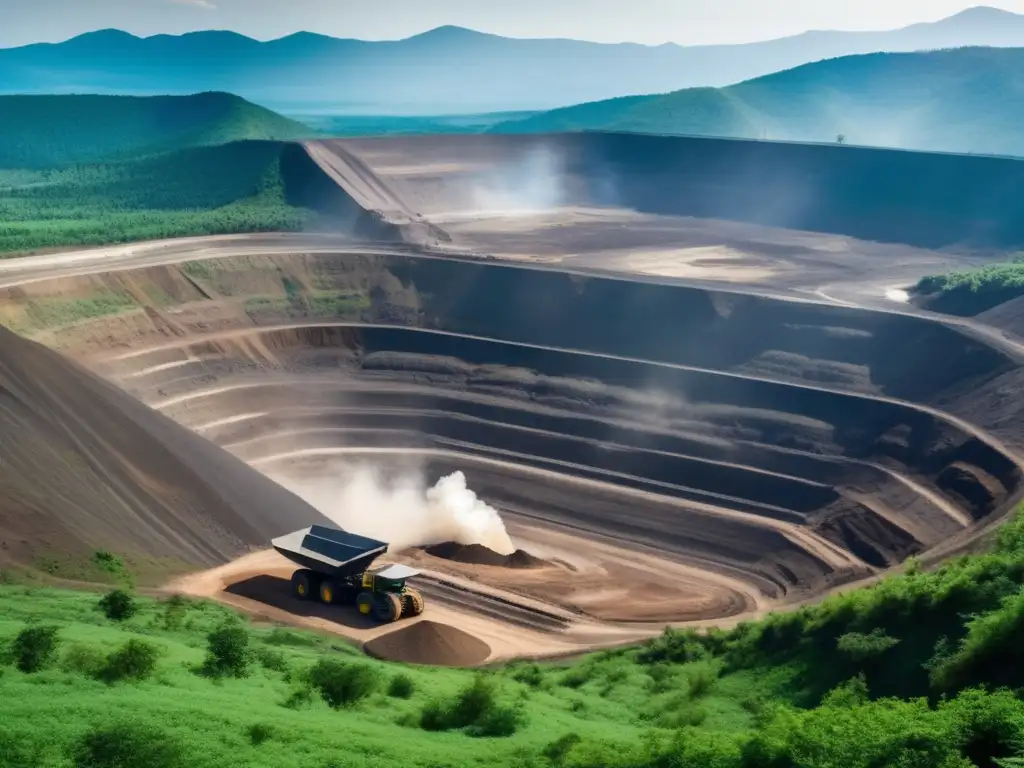 Impacto ambiental de minería sostenible en vasta mina rodeada de bosques y montañas, con maquinaria y polvo en primer plano